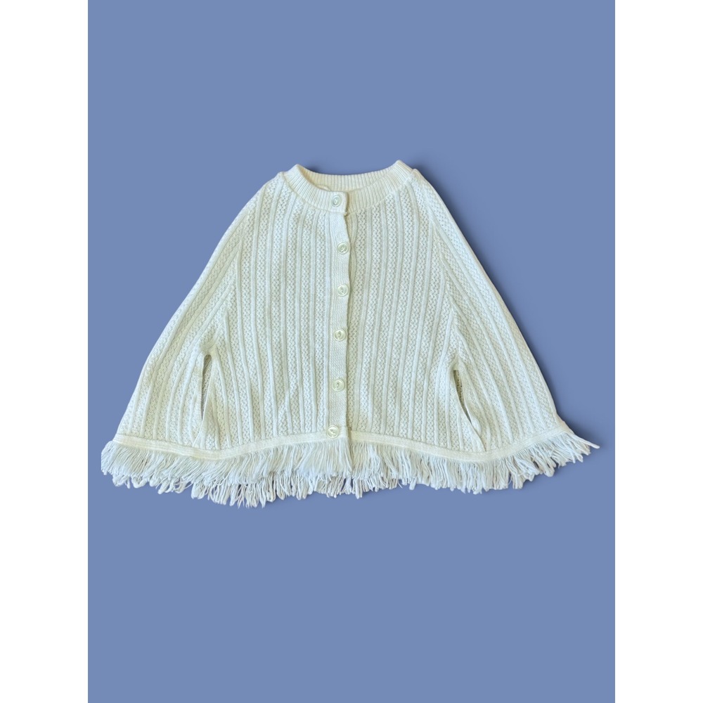 Vintage Grand Kids Ivory Pointelle Knit Fringe Cape Poncho Made in USA Size 4-6